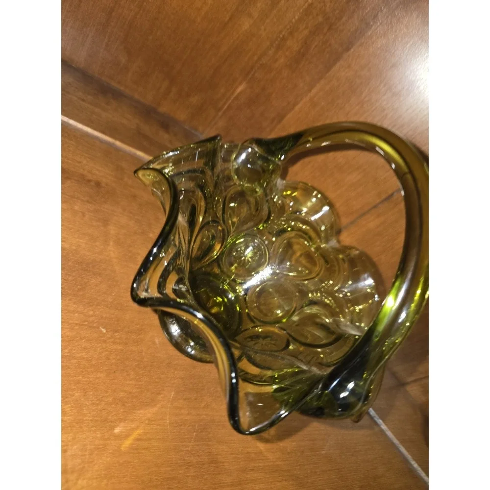 Vintage Olive Green Glass Basket Handle Glass Ruffle Rim Vintage